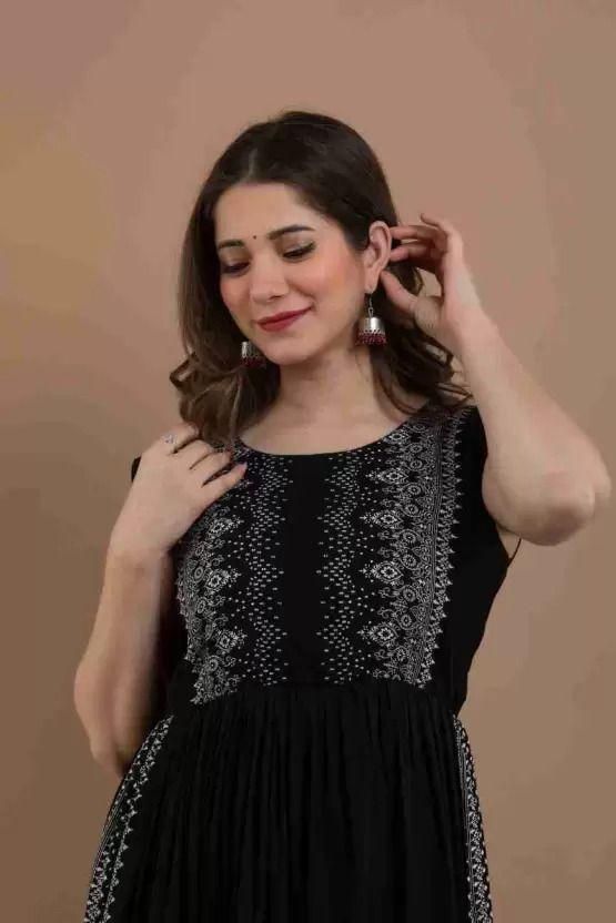 Timeless Charm: Black Beauty Printed Rayon Kurti