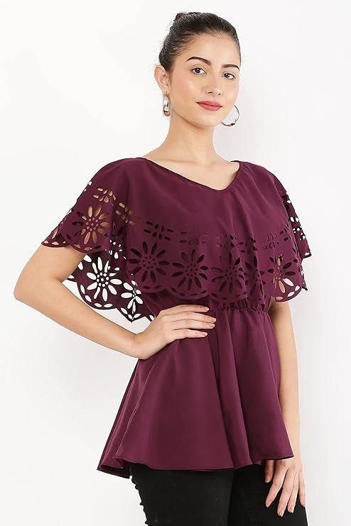 Elegant Maroon Charm: Oceanista Women's V-Neck Crepe Top