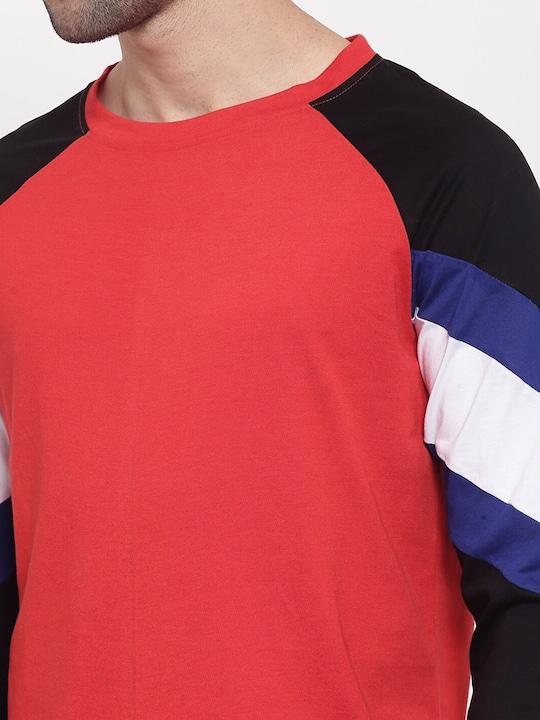 Trendy Men’s Cotton Color Block Long Sleeve Tee – Comfortable Round Neck