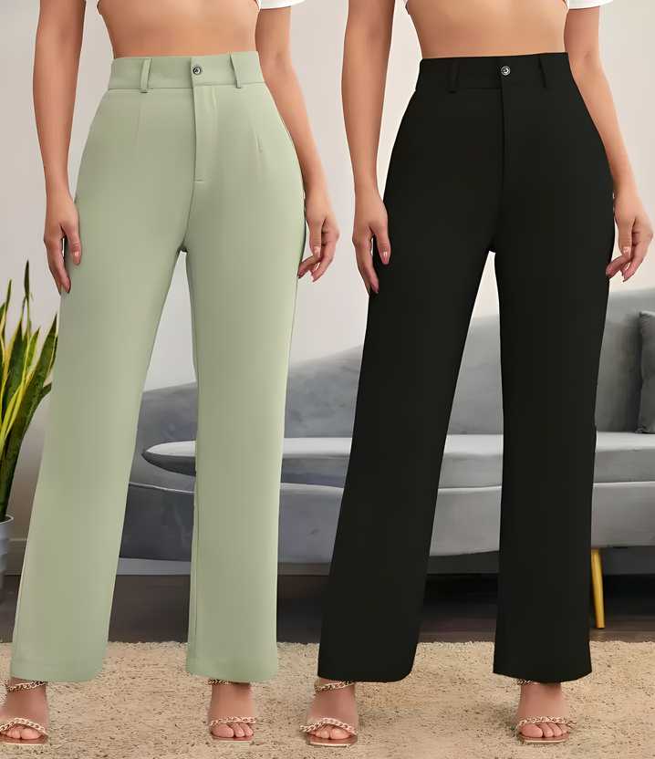 Elegant Pista & Black Lycra Solid Trousers Combo For Women