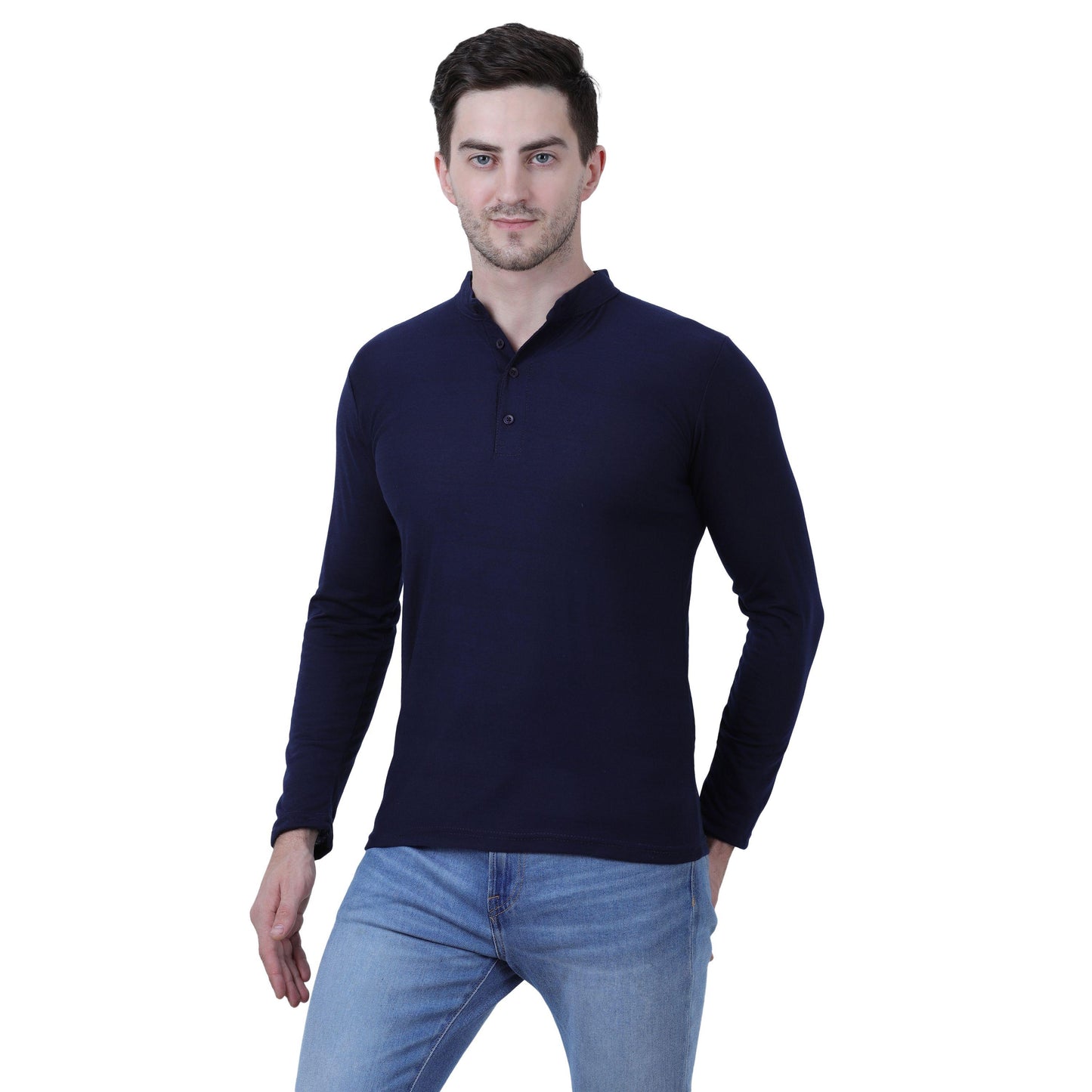 Versatile Solid Navy Blue T-Shirt – Full Sleeves, Cotton Blend Comfort