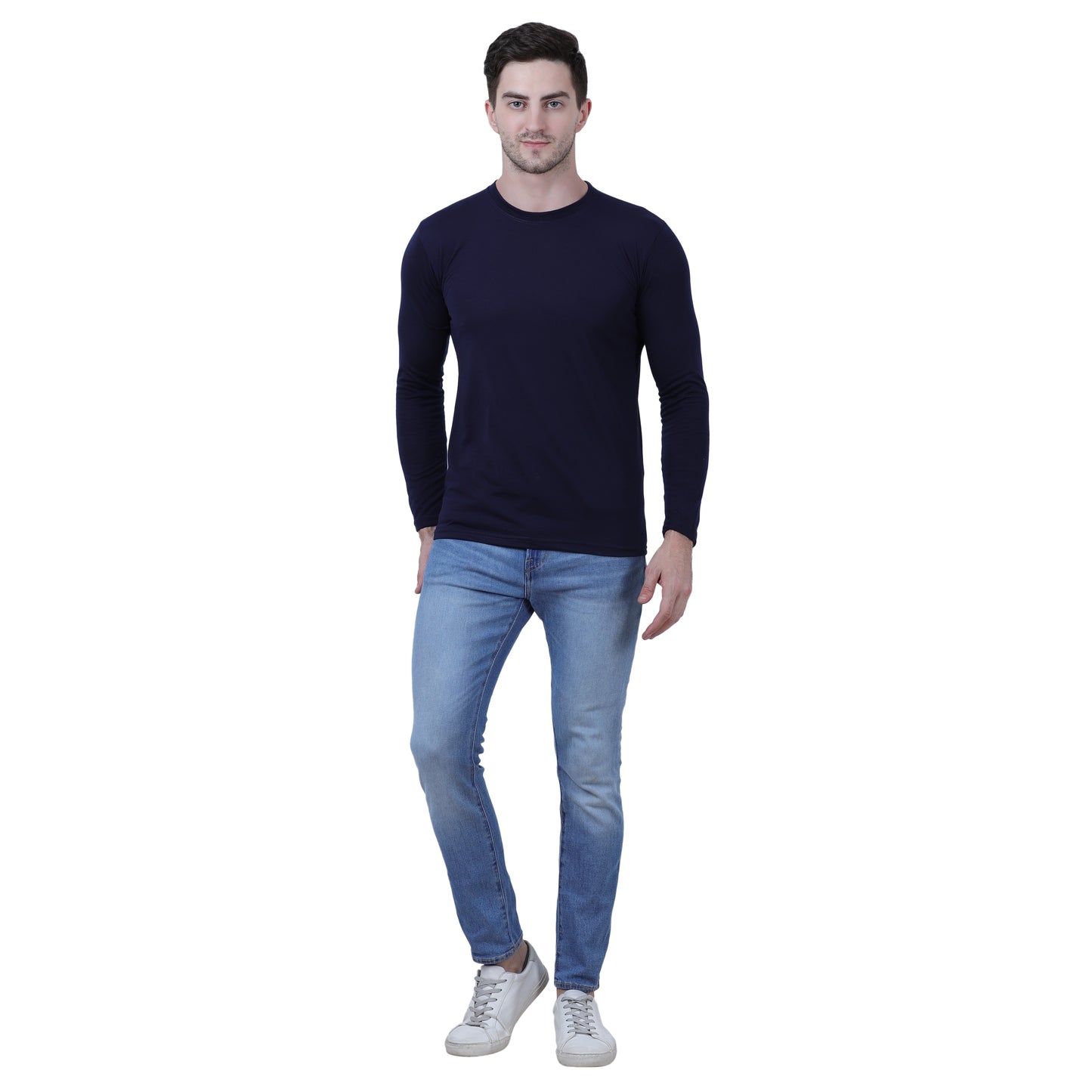 Classic Comfort Meets Style: Navy Blue Full Sleeves Cotton Blend Tee for Men