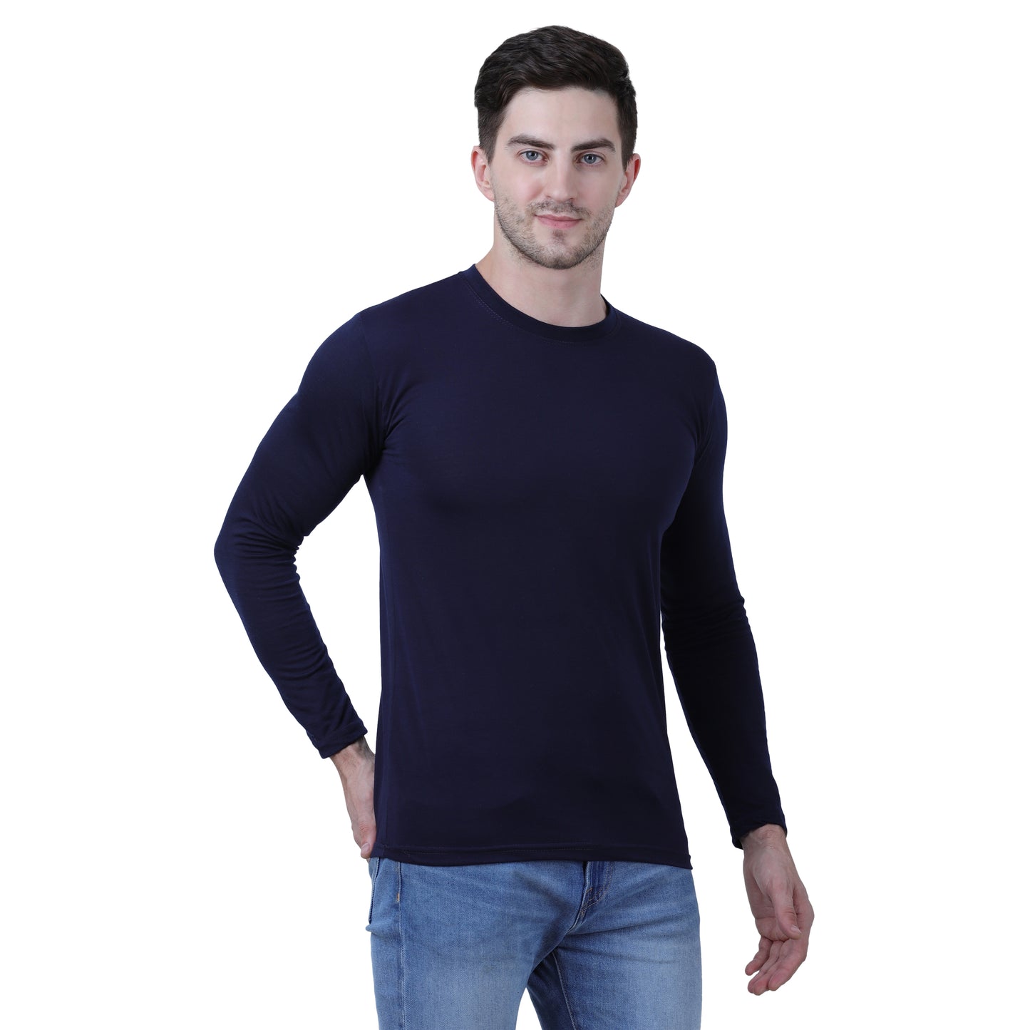 Classic Comfort Meets Style: Navy Blue Full Sleeves Cotton Blend Tee for Men