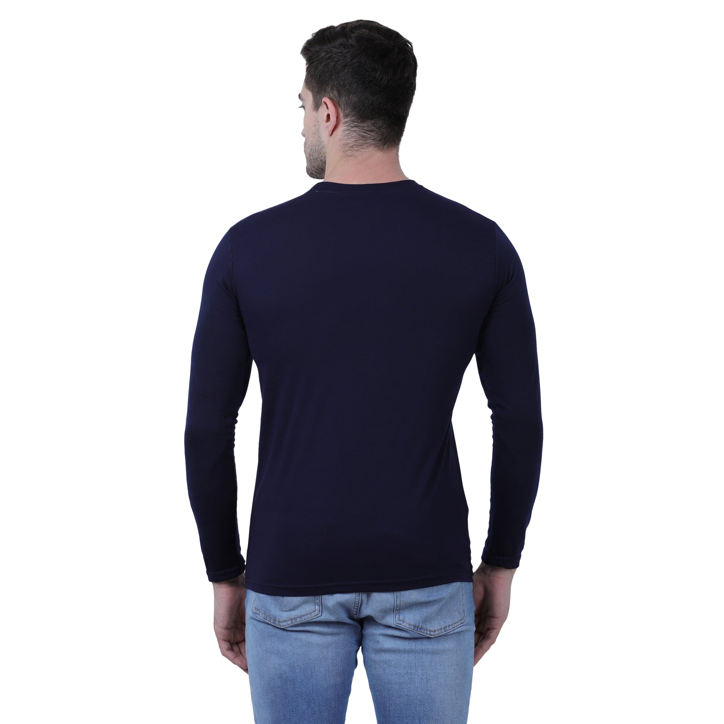 Classic Comfort Meets Style: Navy Blue Full Sleeves Cotton Blend Tee for Men