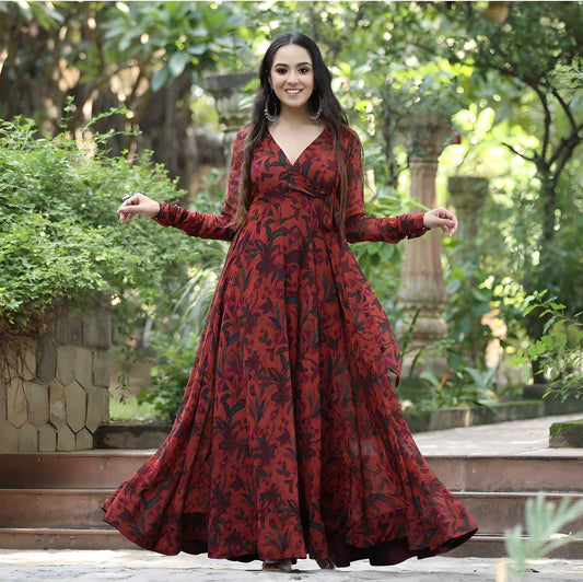 Timeless Beauty: Georgette Floral Print Plus Size Gown with Flared Silhouette