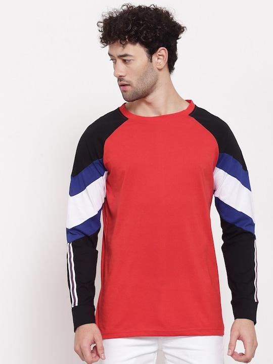 Trendy Men’s Cotton Color Block Long Sleeve Tee – Comfortable Round Neck