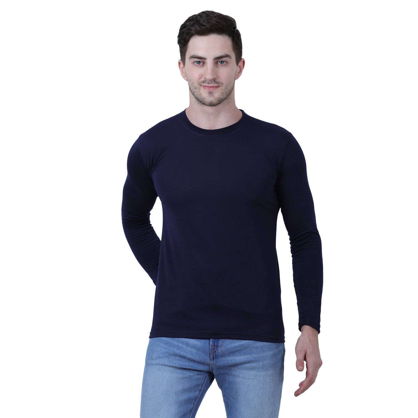 Classic Comfort Meets Style: Navy Blue Full Sleeves Cotton Blend Tee for Men