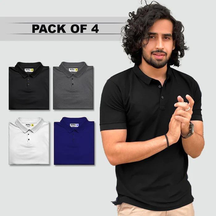 Men's Solid Color Polo T-Shirts – Matte Finish, Half Sleeves, Pack of 4