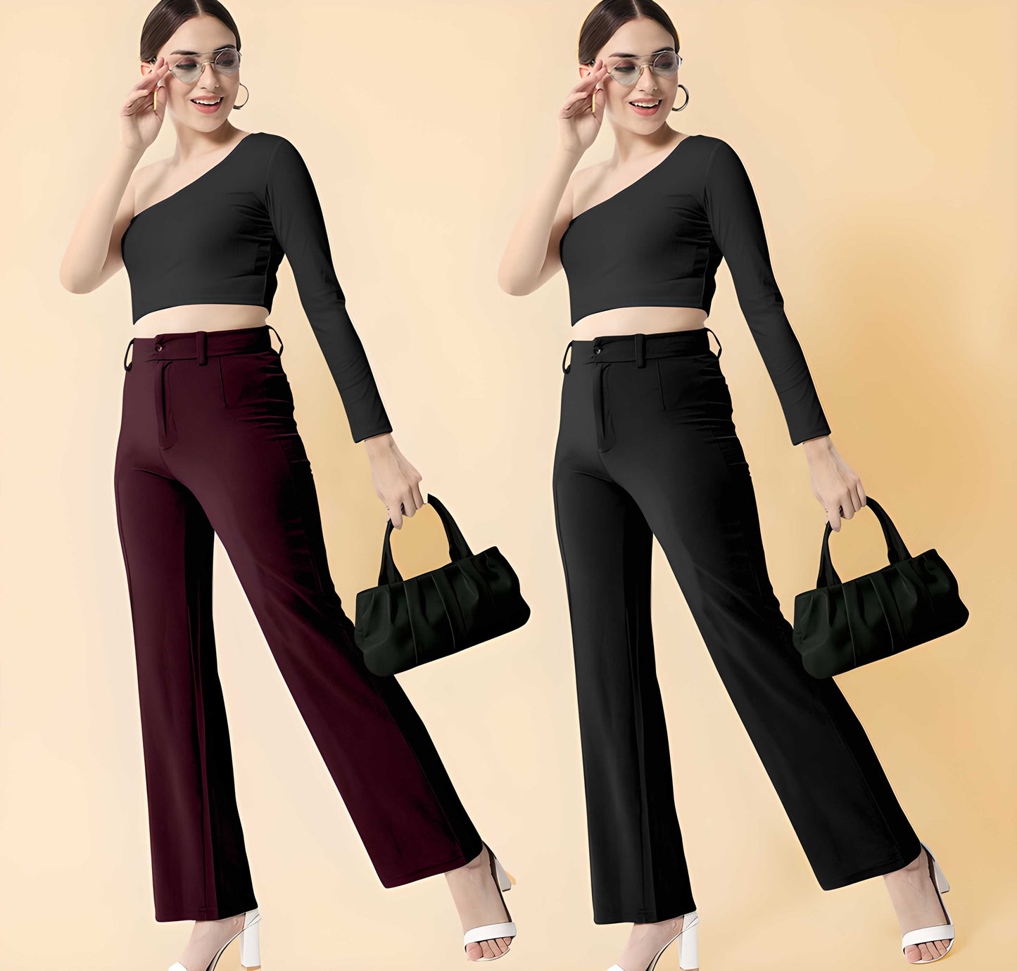 Sophisticated Duo: Classic Wine & Black Lycra Trousers for the Modern Woman