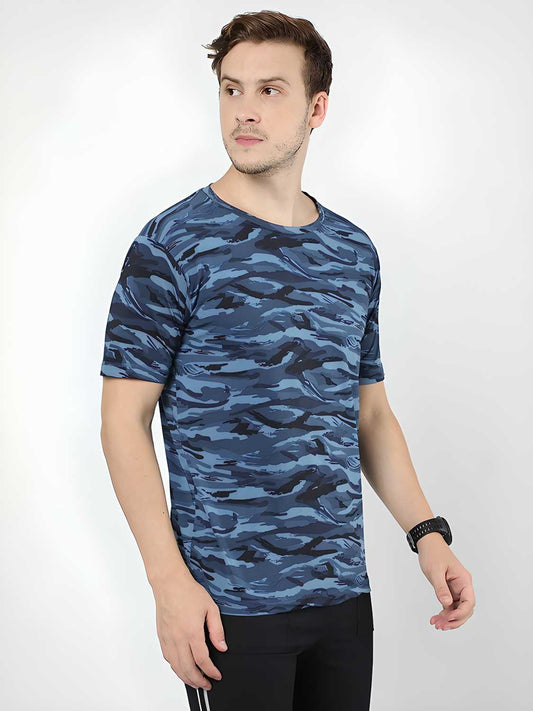 Trendy Blue Cotton T-Shirt for Men – Round Neck, Printed, Half Sleeves