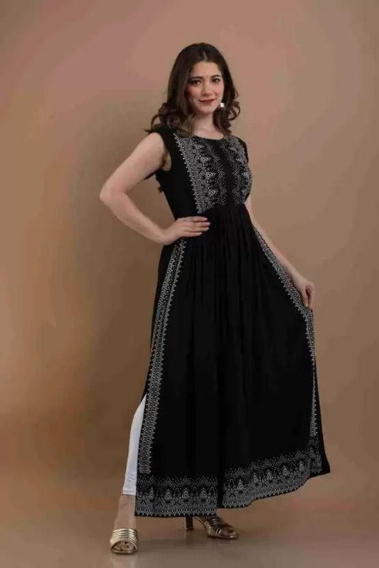 Timeless Charm: Black Beauty Printed Rayon Kurti