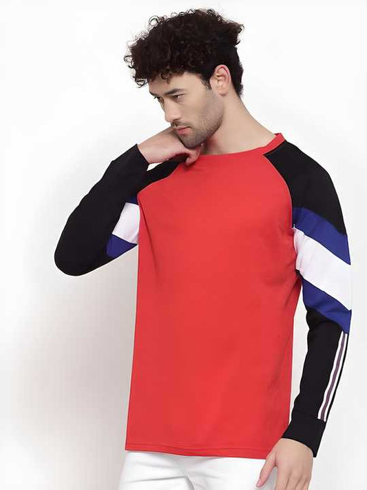 Trendy Men’s Cotton Color Block Long Sleeve Tee – Comfortable Round Neck